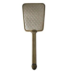 Vintage Gold Tone Hand Mirror Pink Floral Quilted Vanity Hollywood Regency Style